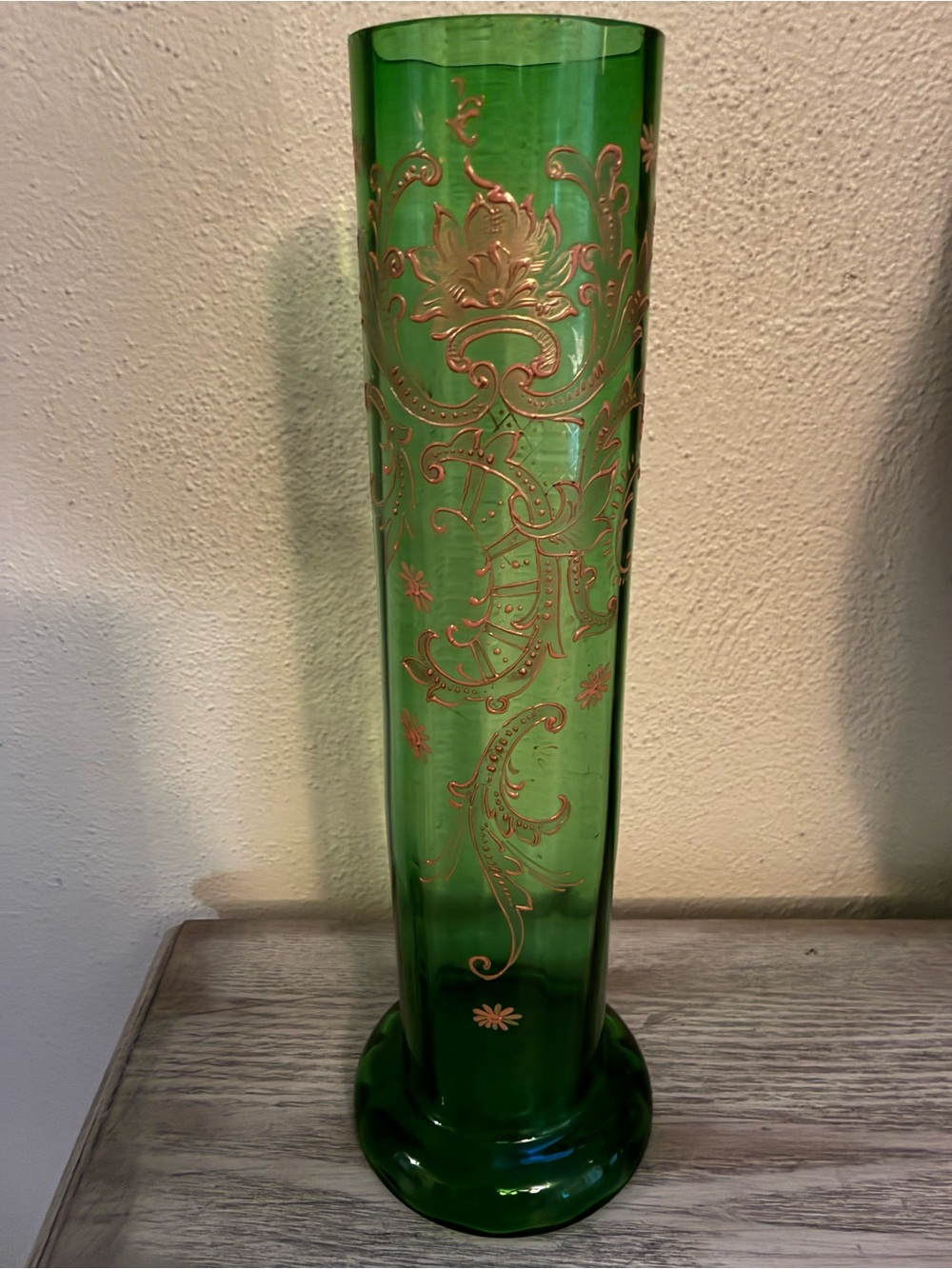 Antique Moser Bohemian Hand Blown Art Glass Vase w/Gold Enamel Floral Decor 14”